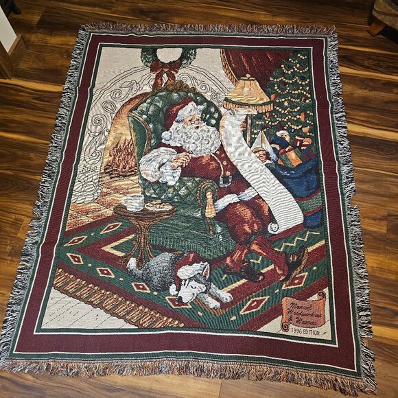 Manual Woodworks Weavers Tapestry Woven Christmas Santa Husky Throw Blanket - Picture 1 of 9